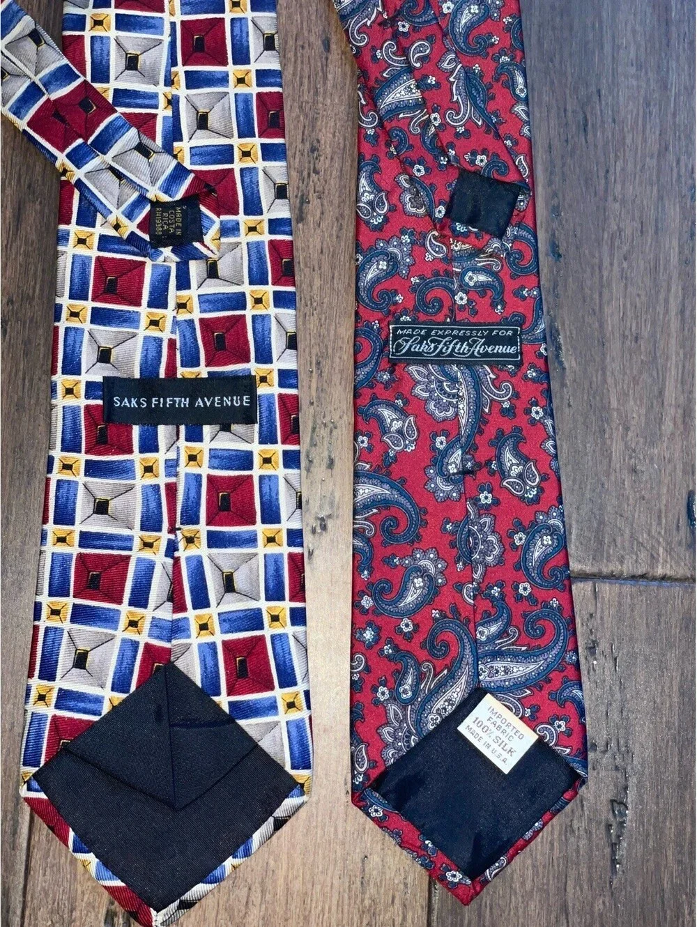(2) SAKS FIFTH AVENUE Silk Ties Mens Paisley & Geometric Designs Red & Blue
